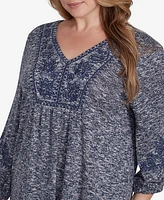 Ruby Rd. Plus Size Embroidered V-Neck Hatchi Spacedye Knit Top with Balloon Sleeves