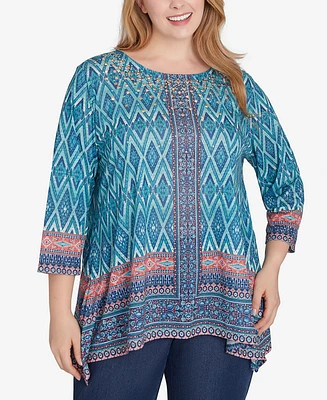 Ruby Rd. Plus Size Embellished Scoop Neck Placement Print Slub Jersey Sharkbite Top