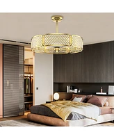 Skonyon 30 Inch Caged Ceiling Fan With Light Crystal Lampshade 6 Light Bases-Golden