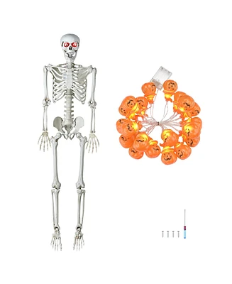 Yescom 5.4 Ft/165cm Halloween Led Glowing Eye Life Size Skeleton Bones Skull Creepy Sound Realistic with Pumpkin String Light for Party Decoration