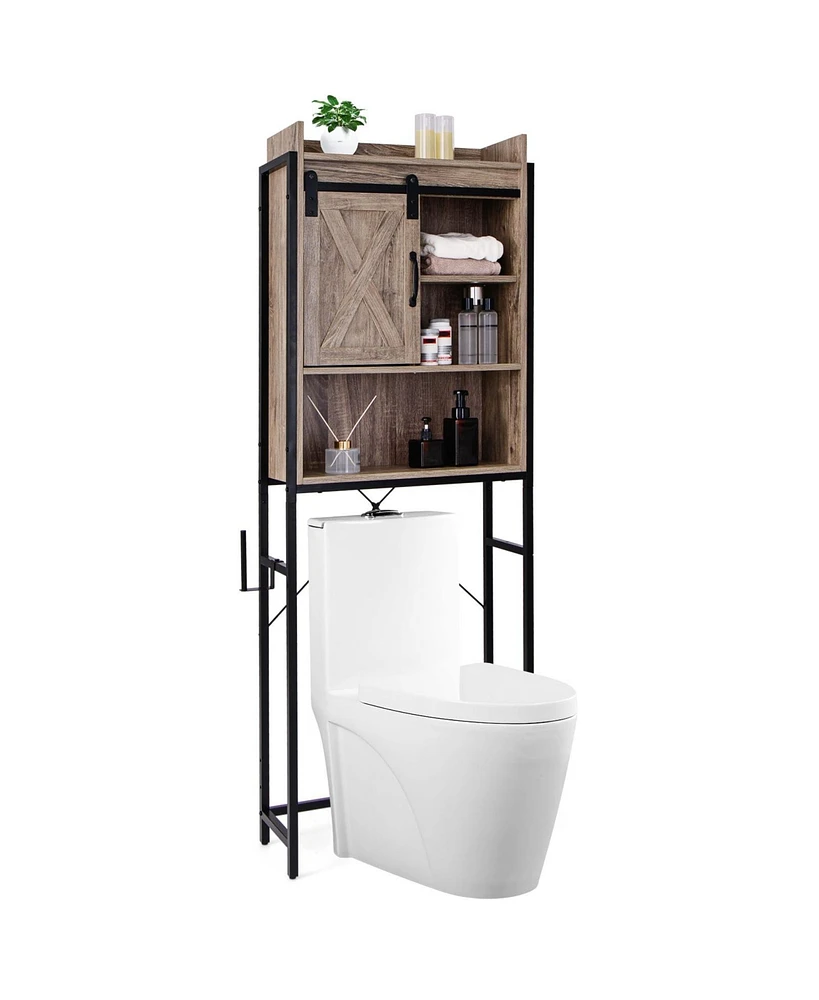 Givimo 4-Tier Multifunctional Toilet Storage Cabinet with Adjustable Shelf and Sliding Barn Door-Gray