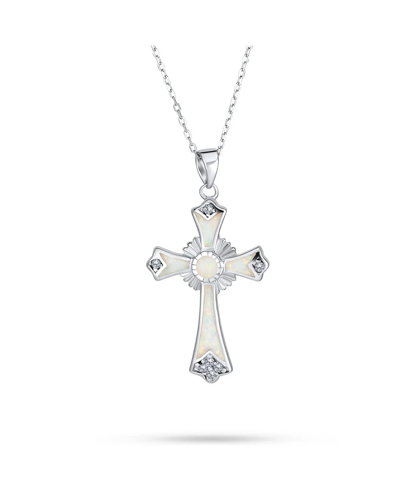 Bling Jewelry Created White Opal Cz Christian Eternal Circle Botonee Cross Pendant Necklace For Women For Sterling Silver