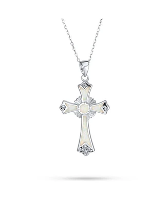 Bling Jewelry Created White Opal Cz Christian Eternal Circle Botonee Cross Pendant Necklace For Women For Sterling Silver