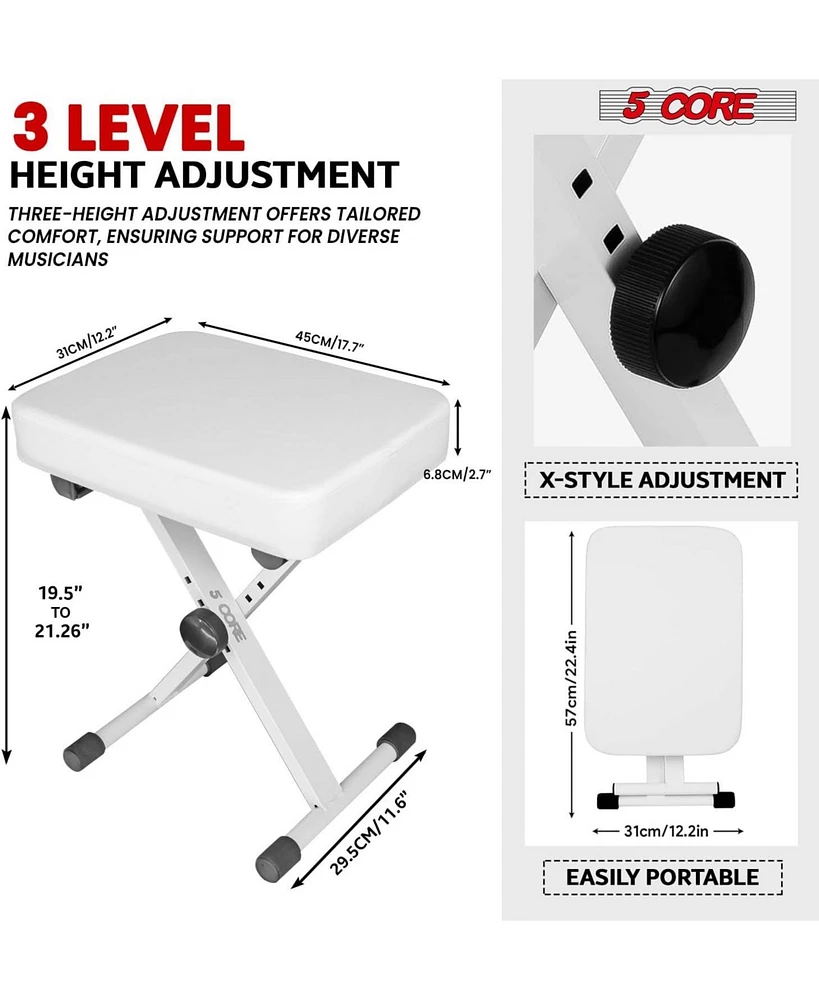 5 Core Keyboard Stand Adjustable z Style Piano Riser + Keyboard Piano Bench - White