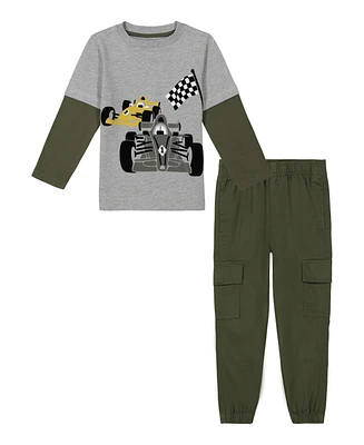 Kids Headquarters Little Boys Twofer Sleeve Racing Tee Twill Cargo Joggers