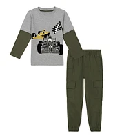 Kids Headquarters Little Boys Twofer Sleeve Racing Tee Twill Cargo Joggers