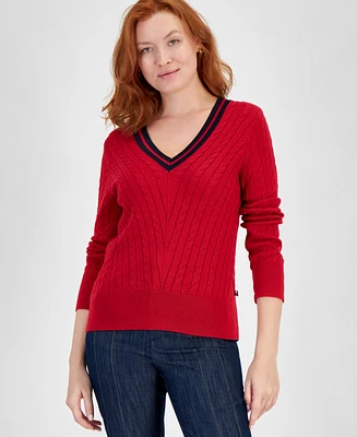 Tommy Hilfiger Women's Contrast Stripe V-Neck Cable Knit Sweater