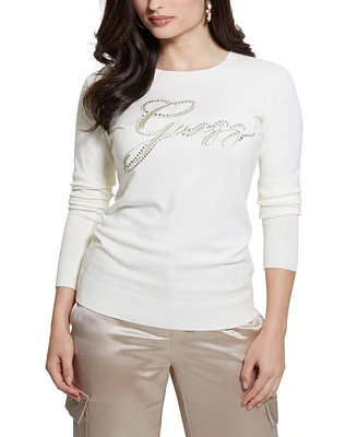 Guess Women's Olive Embellished Logo Long-Sleeve Sweater