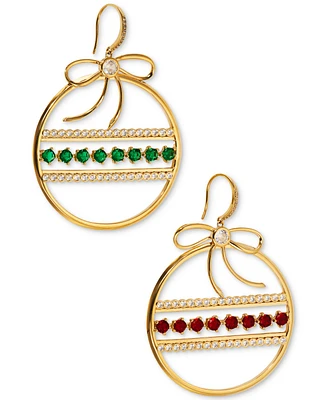 Ajoa By Nadri Gold-Tone Green & Red Stone Ornament Front Facing Hoop Drop Earrings