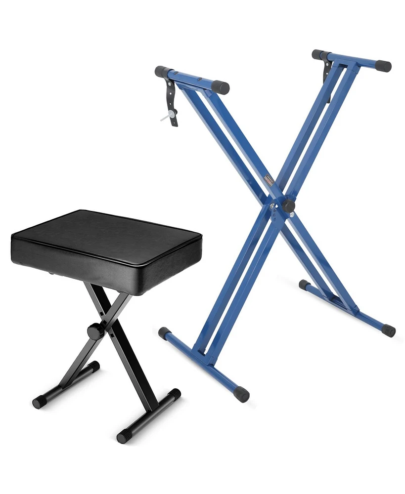 5 Core Keyboard Stand Double X Style Adjustable Piano Riser + Keyboard Piano Bench - Blue