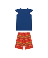 Mixed Up Clothing Girls Flutter Sleeve V-Neck Embroidered Tunic Top and Cozy Elephant Print Shorts, 2-Piece Set
