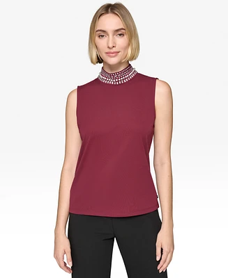 Karl Lagerfeld Paris Women's Embellished-Neck Sleeveless Top