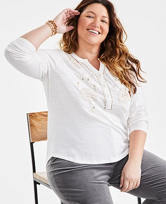Style & Co Plus Embroidered 3/4-Sleeve Top, Created for Macy's
