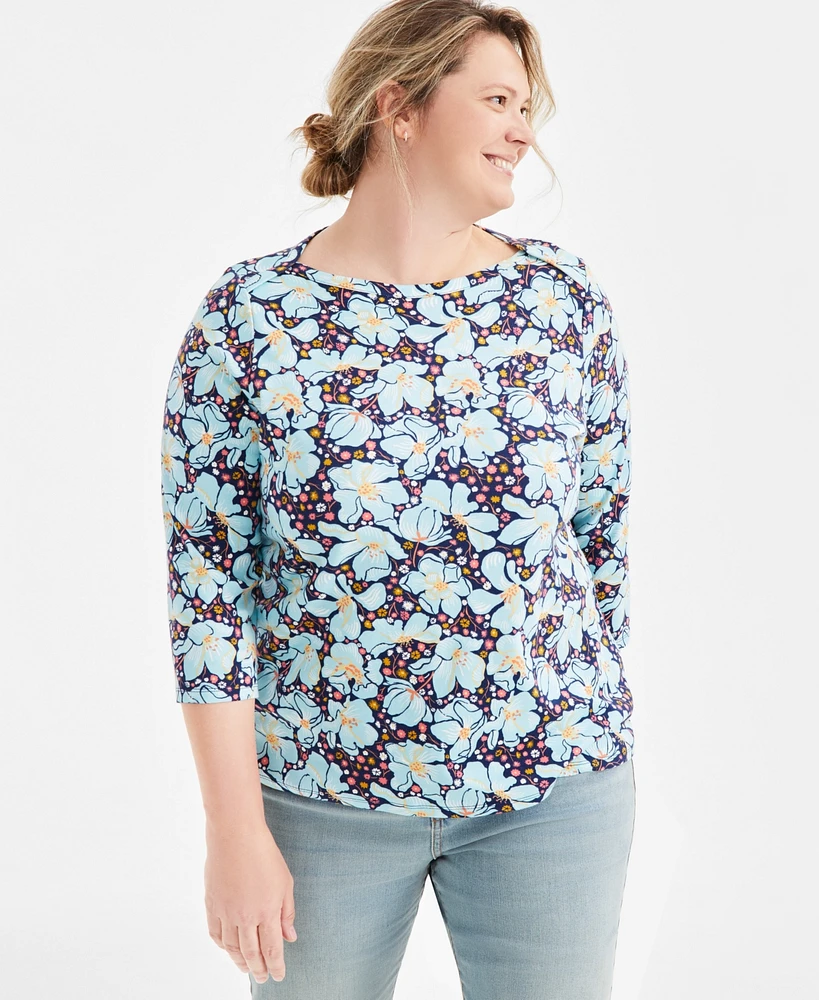 Style & Co Plus Printed Cotton 3/4-Sleeve Top