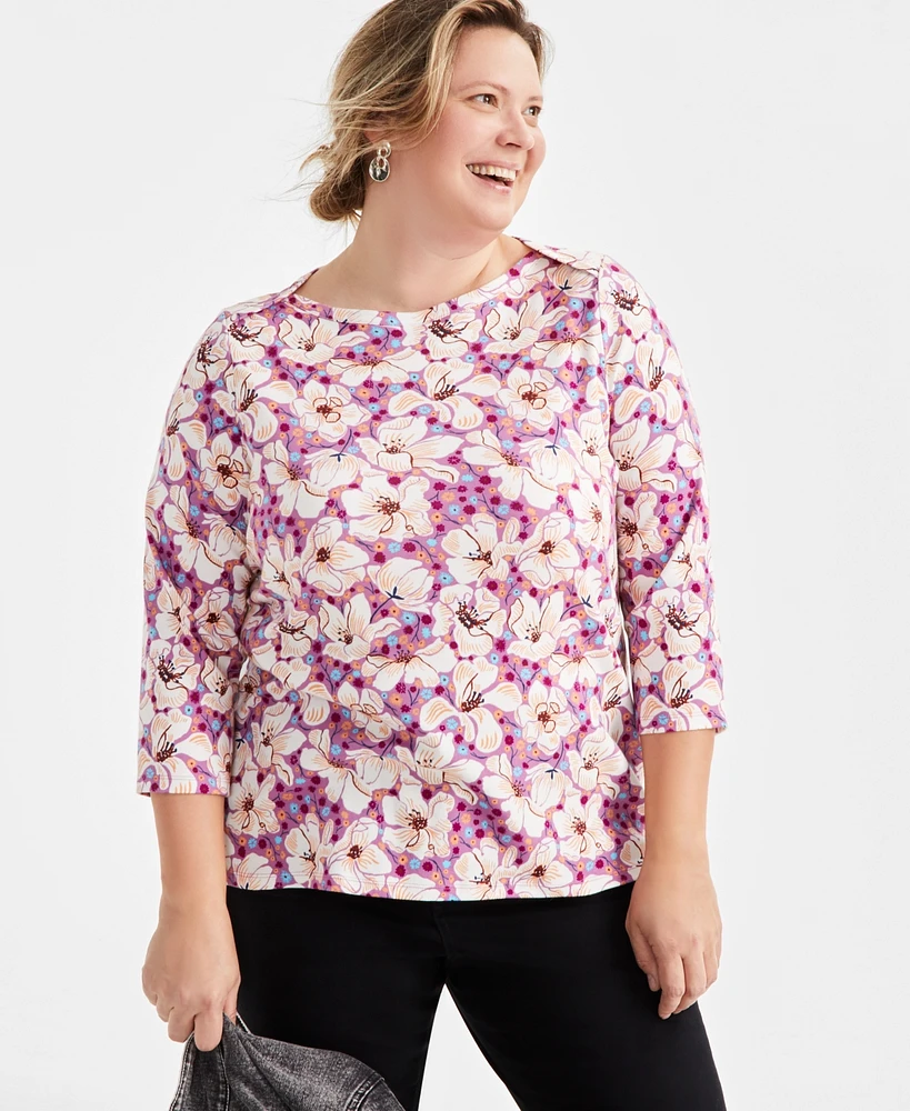 Style & Co Plus Printed Cotton 3/4-Sleeve Top