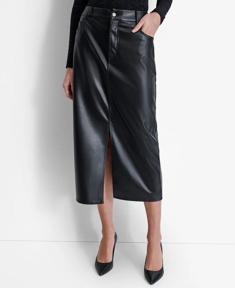 Dkny Women's Faux-Leather Midi Slit-Front Skirt