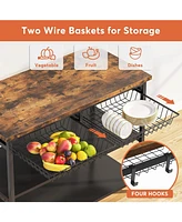 Tribesigns Kitchen Island with Storage, Industrial Island Table with Power Outlets and Wire Baskets, 3 Tier Microwave Oven Stand Butcher Block Island