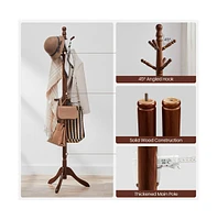 Slickblue Coat Rack With 10 Hooks, Rubber Wood Tree Free Standing, For Clothes, Hats, Handbags, Umbrella