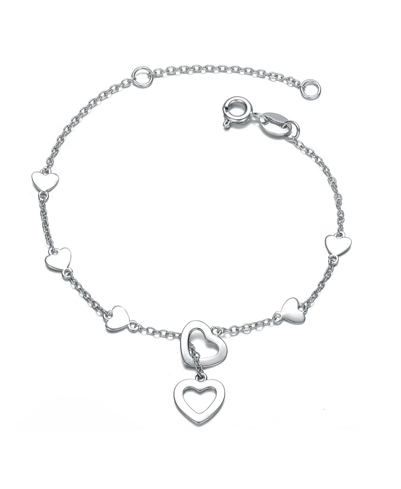 GiGiGirl White Gold Plated Double Halo Heart Dangle Charm Station Bracelet, Adjustable in Length