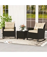 Sugift Patio Rattan Roker Chairs with Tempered Glass Table and Soft Cushions