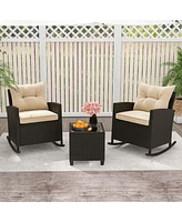 Sugift Patio Rattan Roker Chairs with Tempered Glass Table and Soft Cushions