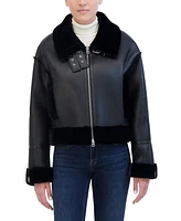 Hudson Jeans Women's Cropped Faux Leather Shearling Aviator Jacket