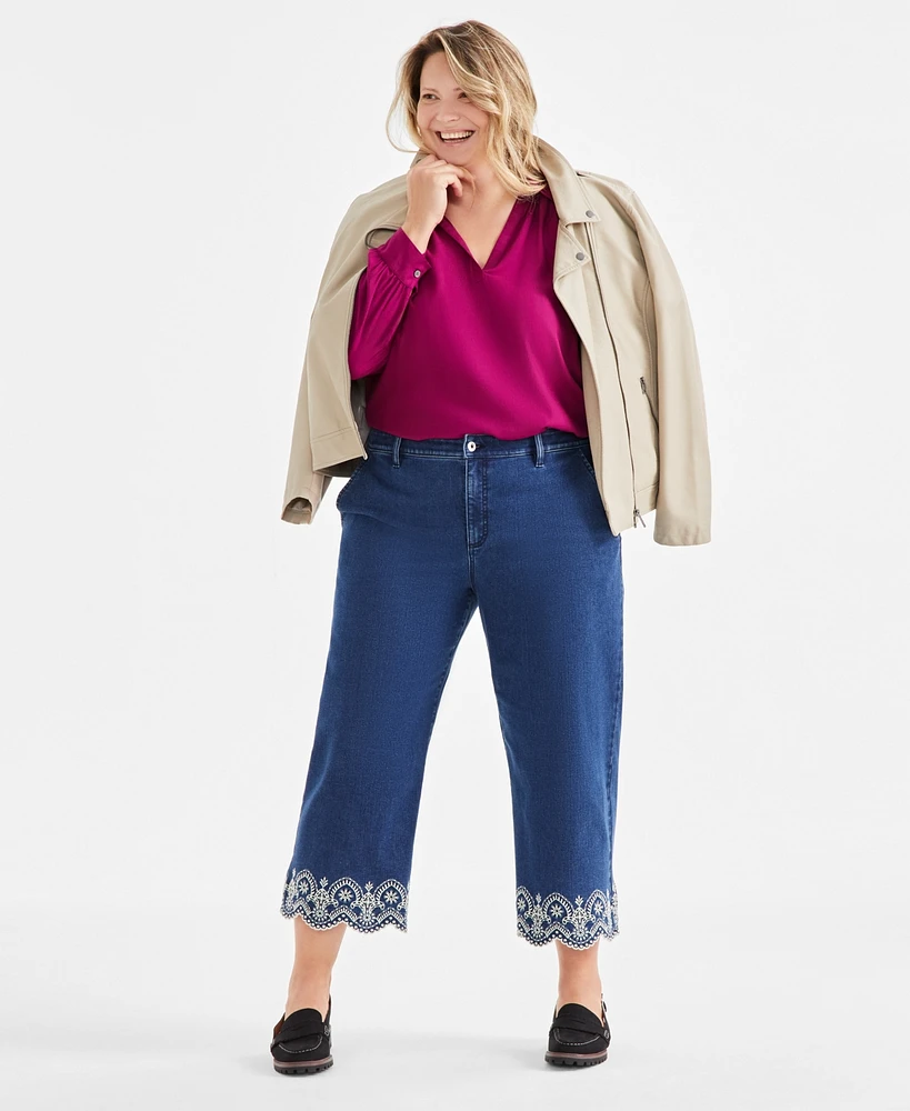 Style & Co Plus Embroidered-Hem Wide-Leg Cropped Jeans, Exclusively at Macy's