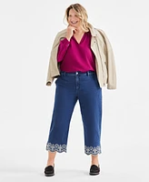 Style & Co Plus Embroidered-Hem Wide-Leg Cropped Jeans, Exclusively at Macy's