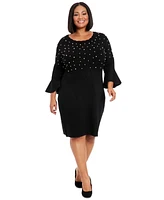 London Times Plus Beaded Bell-Sleeve Dress