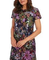 London Times Petite Floral-Sequin Round-Neck T-Shirt Dress