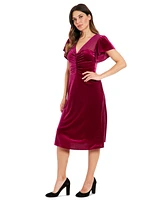 London Times Petite Velvet Flutter-Sleeve Ruched Dress