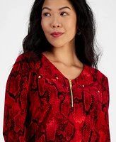 I.n.c. International Concepts Petite Snakeskin-Print Quarter-Zip Top, Created for Macy's