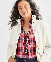 Style Co Plaid Shirt Sherpa Jacket Straight Leg Jeans Drop Earrings Two Tone Necklace Zip Sneakers Created For Macys