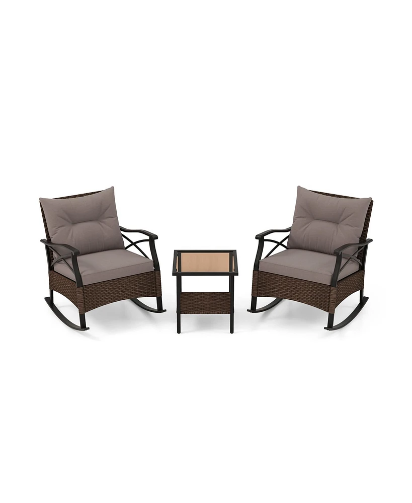 Sugift 3 Pieces Outdoor Rattan Rocking Chairs Set with 2-Tier Side Table