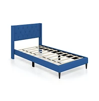 Sugift Twin Upholstered Platform Bed with Button Tufted Wingback Headboard-Blue