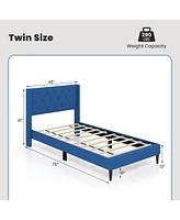 Sugift Twin Upholstered Platform Bed with Button Tufted Wingback Headboard-Blue