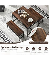 Vebreda 3 Pieces Dining Table Set with Wooden Kitchen Table and 2 Benches-Brown