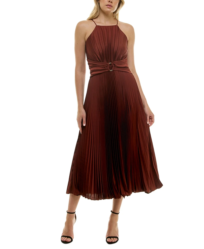 Taylor Women's Halter Belted Pleated Chiffon Midi Dress