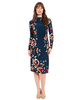 London Times Petite Floral Draped-Neck Ruched Dress