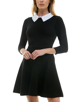 Bcx Juniors' Faux Pearl-Collar 3/4-Sleeve Fit & Flare Dress