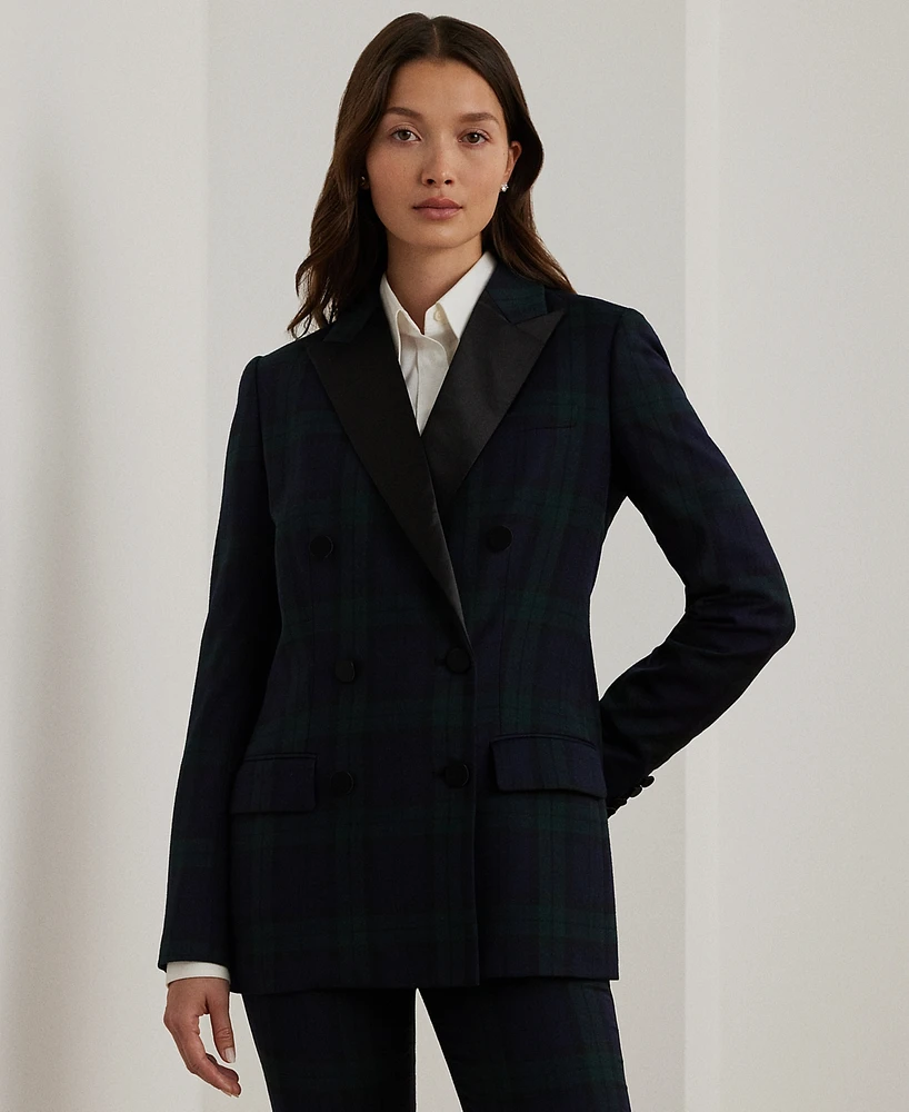 Lauren Ralph Petite Plaid Satin-Trim Double-Breasted Blazer