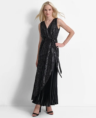 Dkny Women's Sequinned Pleated Tie-Waist Evening Gown