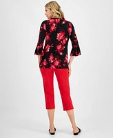 Warm Weather Look Jm Collection Womens Printed Split Neck Bell Sleeve Tunic Pull On Slim Fit Rivet Detail Cropped Pants Created For Macys