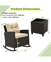3 Pcs Patio Wicker Rocking Set with Tempered Glass Table & Soft Cushions Outdoor