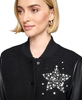 Karl Lagerfeld Paris Women's Embellished Mixed-Media Varsity Jacket