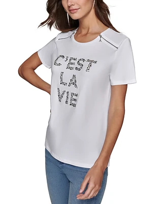 Karl Lagerfeld Paris Petite Zipper-Shoulder C'est La Vie T-Shirt