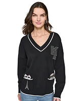 Karl Lagerfeld Paris Women's V-Neck Embellished Varsity Sweater