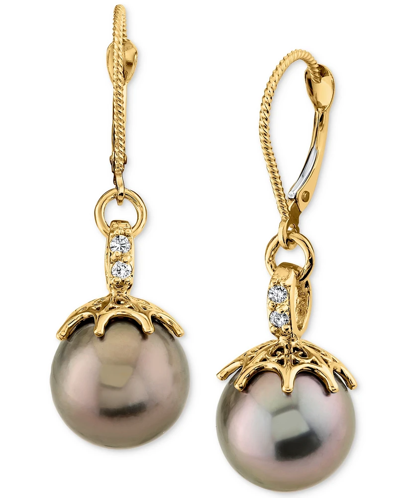 Cultured Tahitian Pearl (10mm) & Diamond (1/4 ct. t.w.) Leverback Drop Earrings in 14k Gold