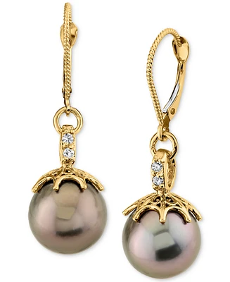 Cultured Tahitian Pearl (10mm) & Diamond (1/4 ct. t.w.) Leverback Drop Earrings in 14k Gold