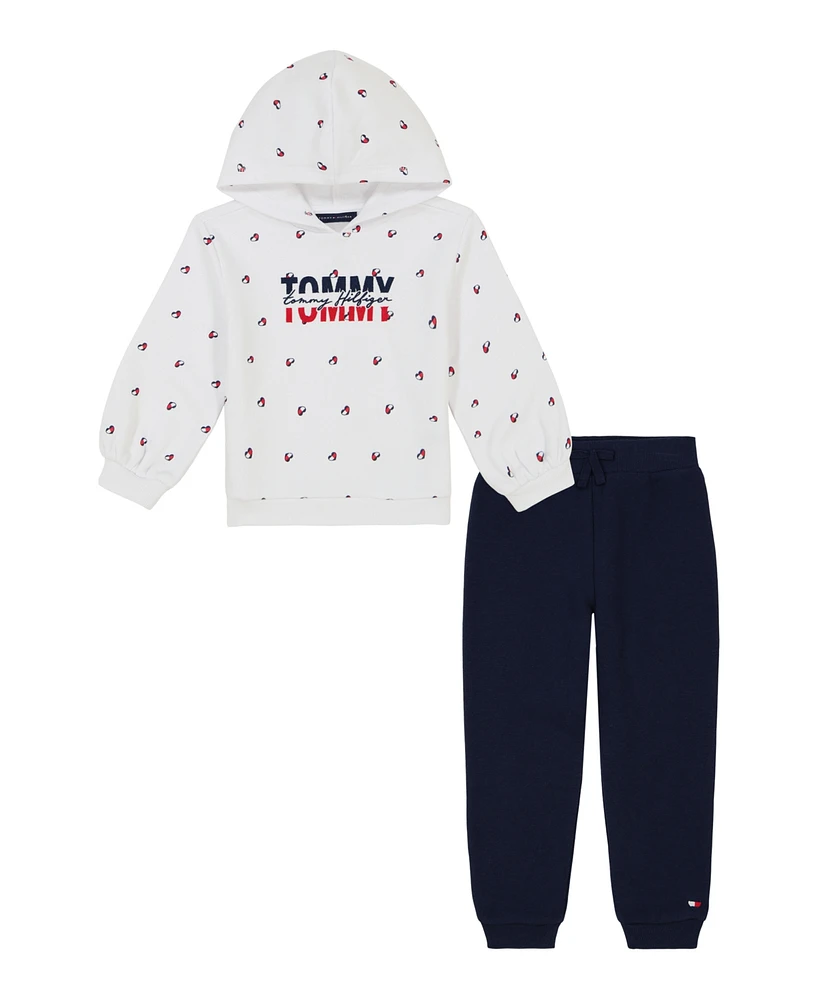 Tommy Hilfiger Toddler and Little Girls Printed Fleece Hoodie Solid Jogger, 2 Piece Set